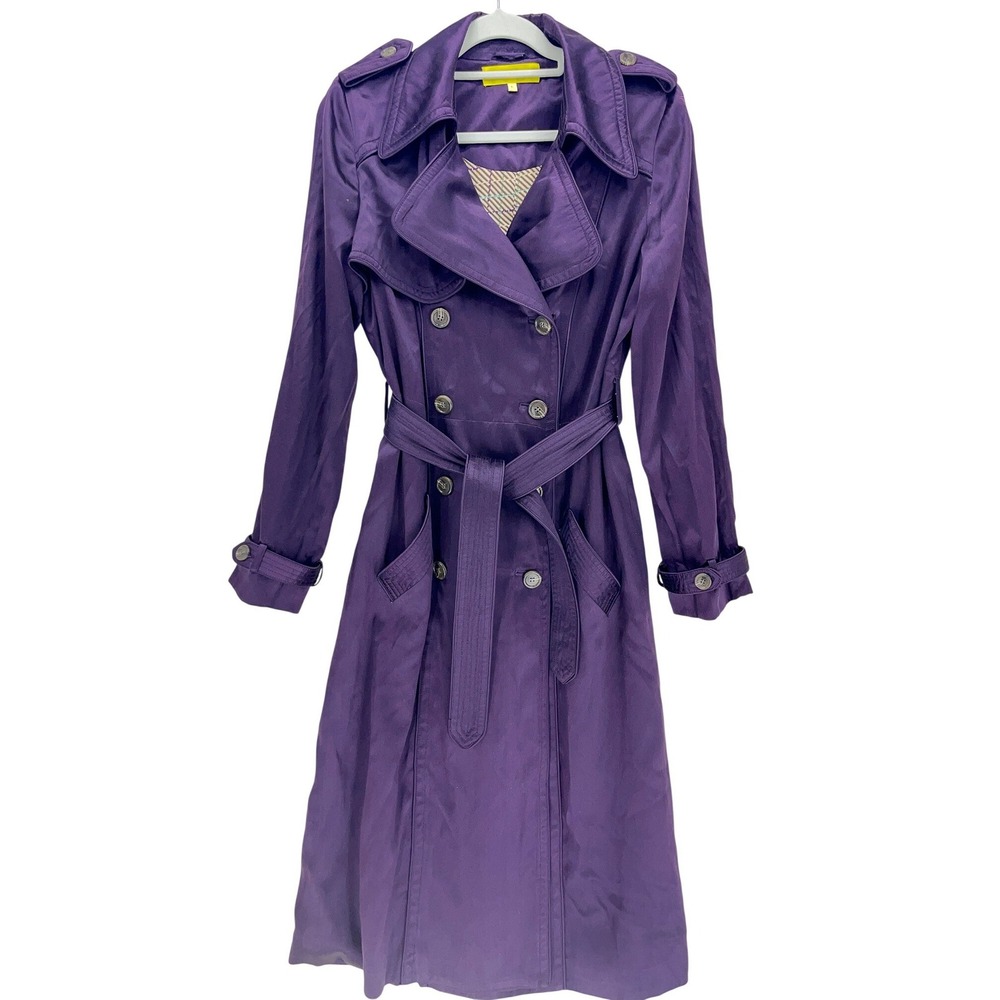 Catherine Malandrino Purple Trench Coat Size L Silk Blend Double Breasted Belted